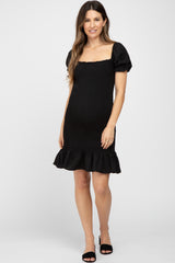 Black Smocked Puff Sleeve Maternity Dress