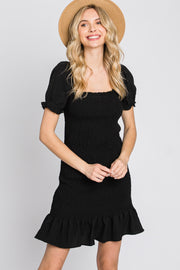 Black Smocked Puff Sleeve Dress