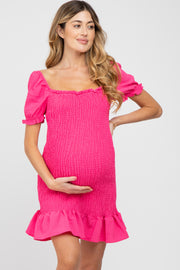 Fuchsia Smocked Puff Sleeve Maternity Dress