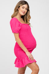 Fuchsia Smocked Puff Sleeve Maternity Dress