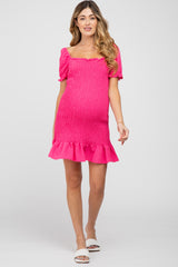 Fuchsia Smocked Puff Sleeve Maternity Dress