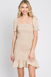 Beige Smocked Puff Sleeve Dress