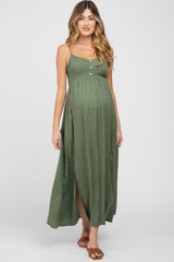 Olive Polka Dot Button Front Side Slit Maternity Midi Dress