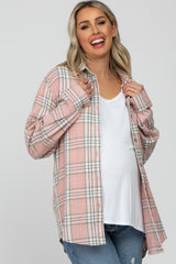 Pink Plaid Button Up Collared Flannel Maternity Top