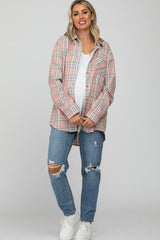 Pink Plaid Button Up Collared Flannel Maternity Top