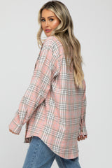 Pink Plaid Button Up Collared Flannel Maternity Top