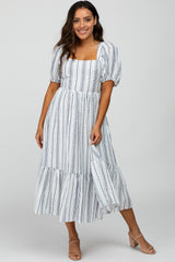 White Striped Puff Sleeve Maternity Midi Dress