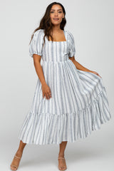 White Striped Puff Sleeve Midi Dress