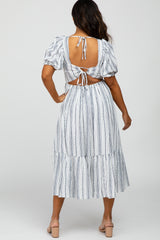 White Striped Puff Sleeve Midi Dress