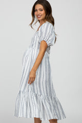 White Striped Puff Sleeve Maternity Midi Dress