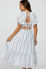 White Striped Puff Sleeve Maternity Midi Dress