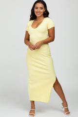 Yellow Ribbed Fitted Side Slit Maternity Midi Dress