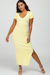 Yellow Ribbed Fitted Side Slit Midi Dress