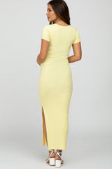 Yellow Ribbed Fitted Side Slit Maternity Midi Dress