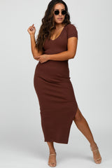 Brown Ribbed Fitted Side Slit Maternity Midi Dress