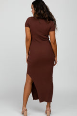 Brown Ribbed Fitted Side Slit Midi Dress