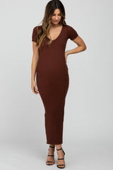 Brown Ribbed Fitted Side Slit Maternity Midi Dress