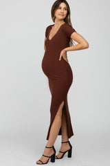 Brown Ribbed Fitted Side Slit Maternity Midi Dress