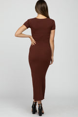 Brown Ribbed Fitted Side Slit Maternity Midi Dress