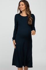 Navy Solid Long Sleeve Maternity Dress