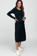 Navy Solid Long Sleeve Maternity Dress