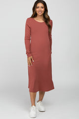 Mauve Solid Long Sleeve Maternity Dress