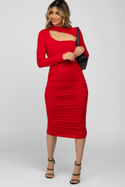 Red Fitted Ruched Cutout Neckline Midi Dress