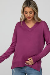 Magenta V-Neck Knit Maternity Sweater