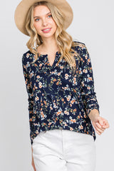 Navy Floral Ribbed Long Sleeve Top