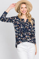 Navy Floral Ribbed Long Sleeve Top