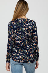 Navy Floral Ribbed Long Sleeve Maternity Top