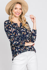 Navy Floral Ribbed Long Sleeve Top