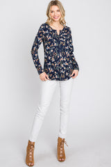 Navy Floral Ribbed Long Sleeve Top