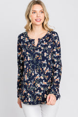 Navy Floral Ribbed Long Sleeve Top