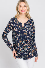 Navy Floral Ribbed Long Sleeve Top