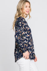 Navy Floral Ribbed Long Sleeve Top