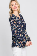 Navy Floral Ribbed Long Sleeve Top