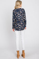 Navy Floral Ribbed Long Sleeve Top