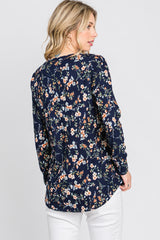 Navy Floral Ribbed Long Sleeve Top