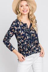 Navy Floral Ribbed Long Sleeve Top