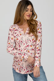 Pink Floral Ribbed Long Sleeve Maternity Top