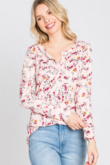 Pink Floral Ribbed Long Sleeve Top