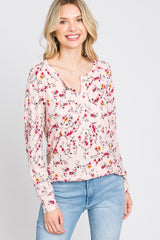 Pink Floral Ribbed Long Sleeve Top