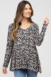 Black Floral Long Sleeve Tiered Maternity Top