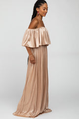 Beige Shimmer Off Shoulder Pleated Maxi Dress