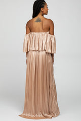 Beige Shimmer Off Shoulder Pleated Maxi Dress