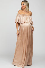 Beige Shimmer Off Shoulder Pleated Maternity Maxi Dress