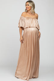 Beige Shimmer Off Shoulder Pleated Maternity Maxi Dress