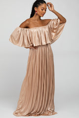 Beige Shimmer Off Shoulder Pleated Maxi Dress