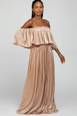 Beige Shimmer Off Shoulder Pleated Maxi Dress